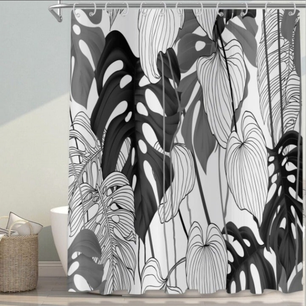 Monochrome Leaf Print Shower Curtain